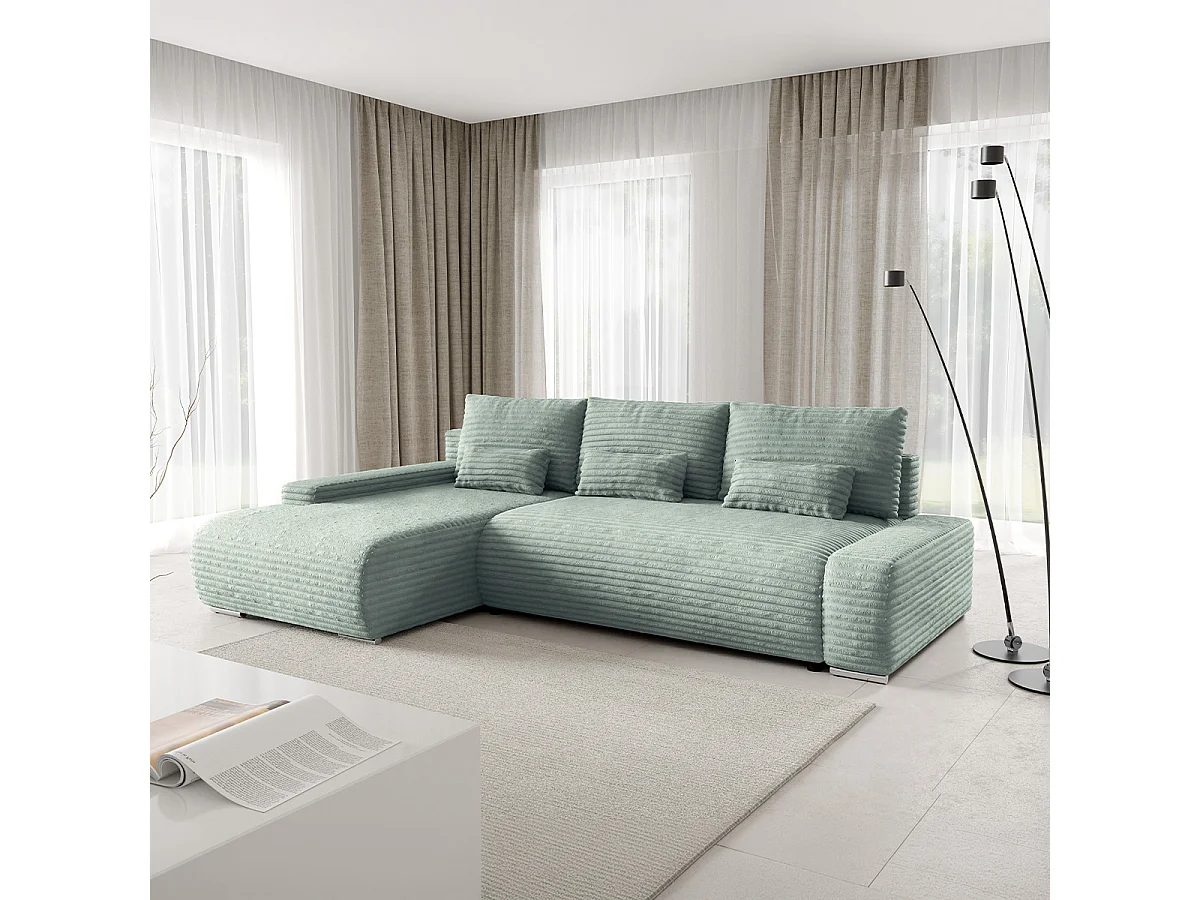 Canapé d'angle gauche convertible 3 places avec coffre Ivana Vert clair