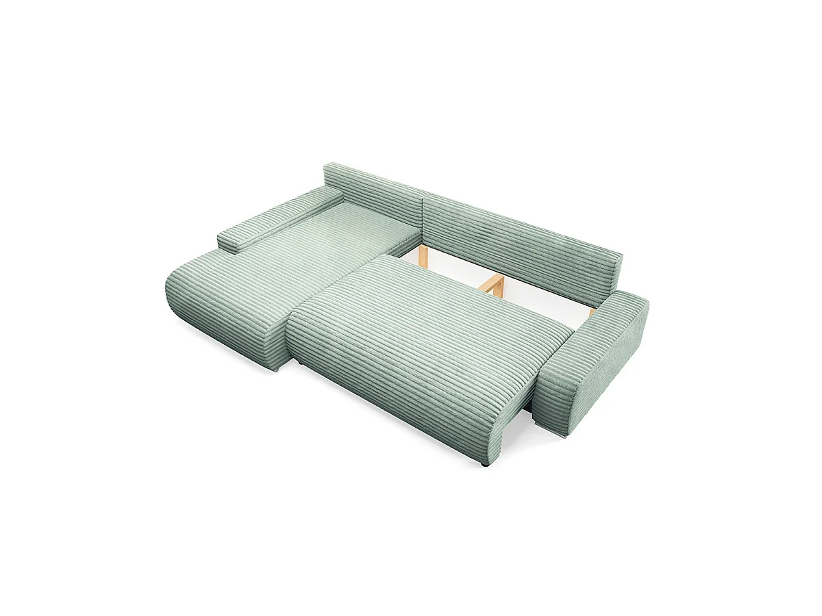 Canapé d'angle gauche convertible 3 places avec coffre en tissu vert clair IVANA
