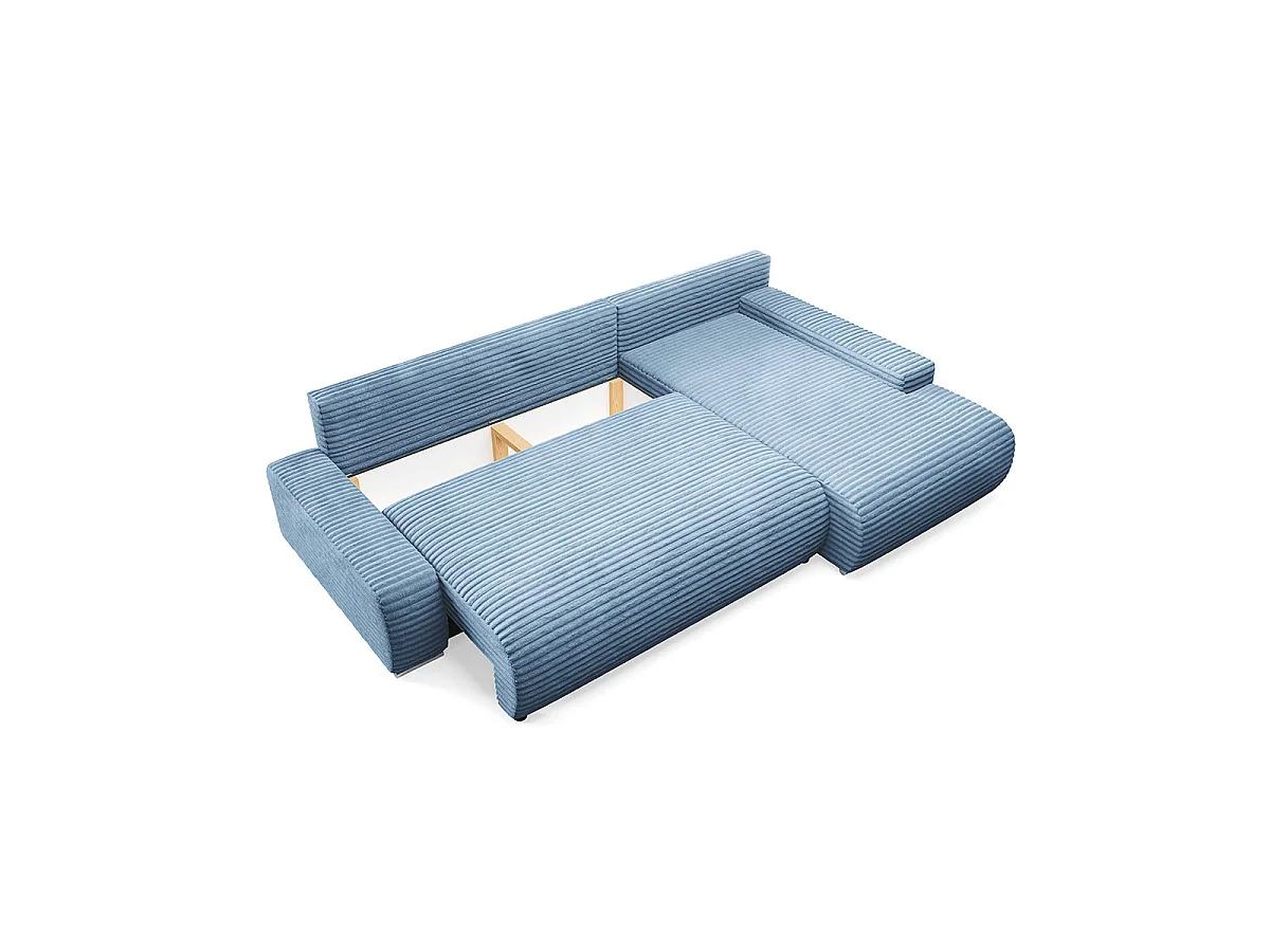 Canapé d'angle droit convertible 3 places avec coffre en tissu bleu IVANA