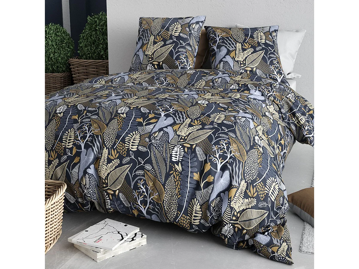 Parure housse de couette 260x240cm + 2 taies motif feuillage bleu et beige 100% coton - MAELIA