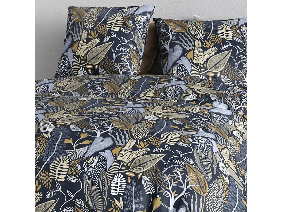 Parure housse de couette 260x240cm + 2 taies motif feuillage bleu et beige 100% coton - MAELIA
