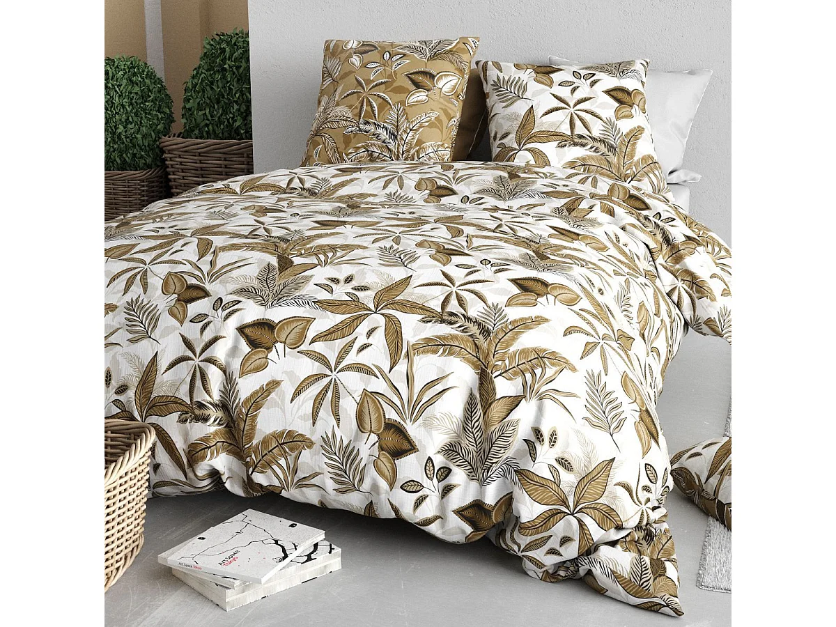 Parure housse de couette 240x220cm + 2 taies motif exotique blanc et beige 100% coton - NAHELI