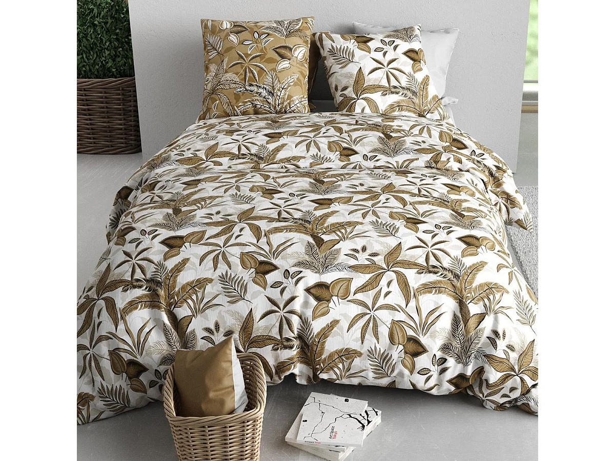 Parure housse de couette 240x220cm + 2 taies motif exotique blanc et beige 100% coton - NAHELI