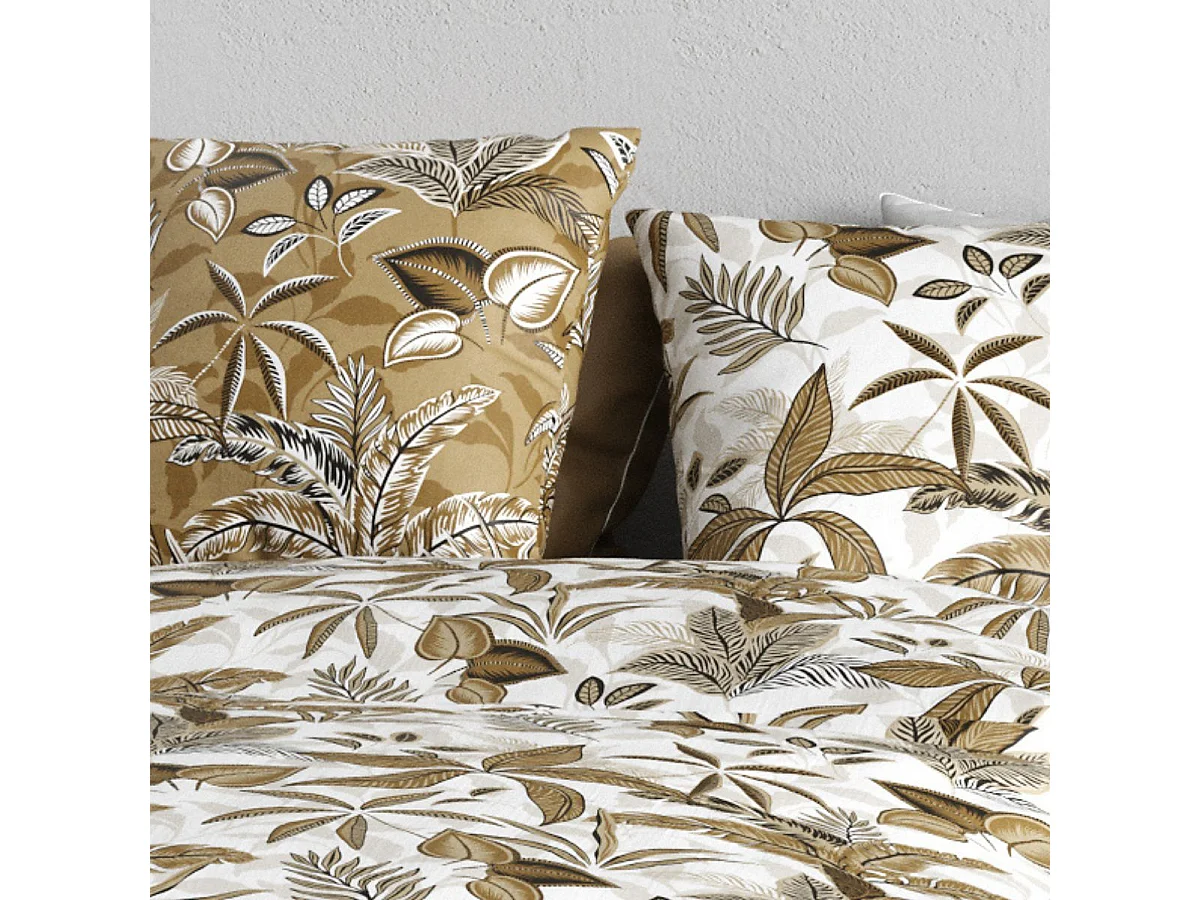 Parure housse de couette 240x220cm + 2 taies motif exotique blanc et beige 100% coton - NAHELI