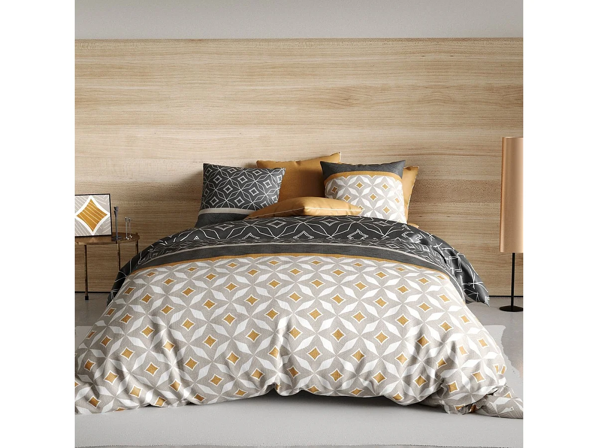 Parure housse de couette 260x240cm + 2 taies motif graphique taupe et jaune 100% coton - ORLADO