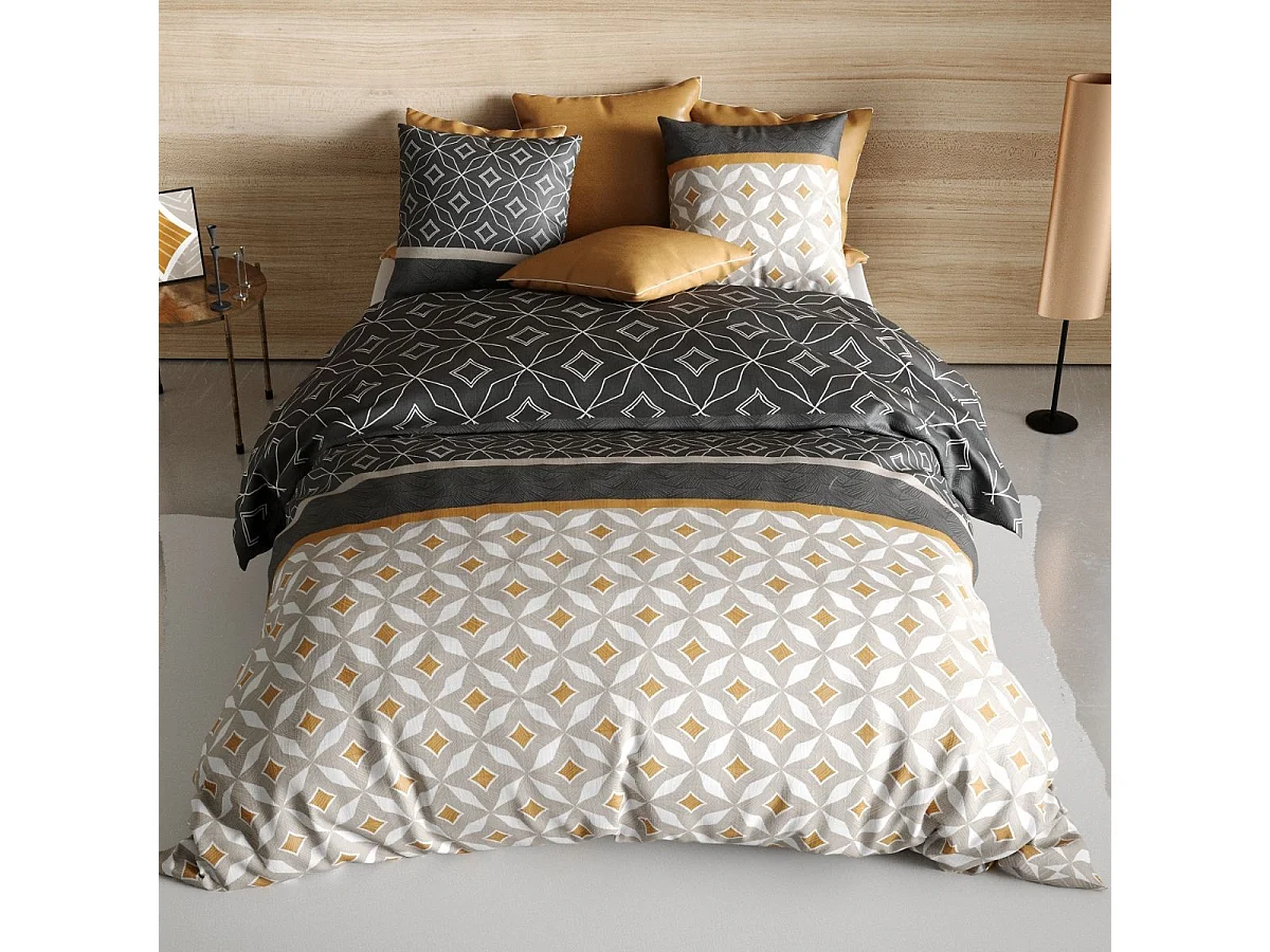 Parure housse de couette 260x240cm + 2 taies motif graphique taupe et jaune 100% coton - ORLADO