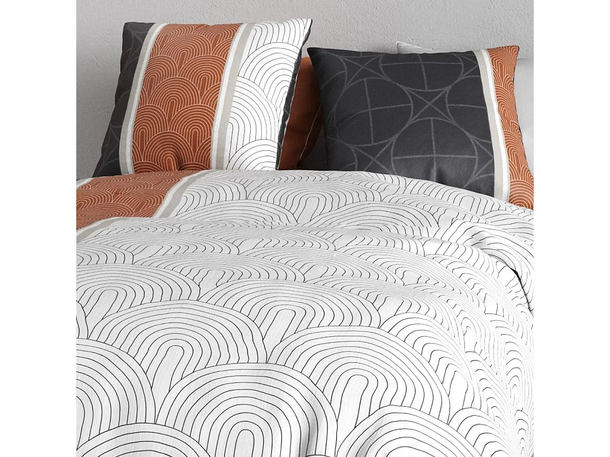 Parure housse de couette 260x240cm + 2 taies motif graphique bleu et rouge 100% coton - COSMIA