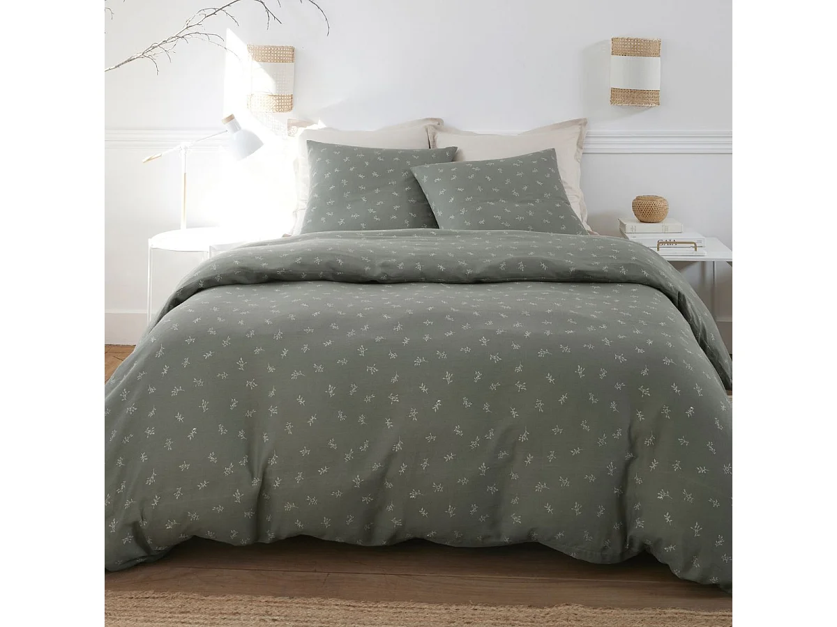 Parure housse de couette 260x240cm + 2 taies 100% gaze de coton vert de gris fleurie - GEODE