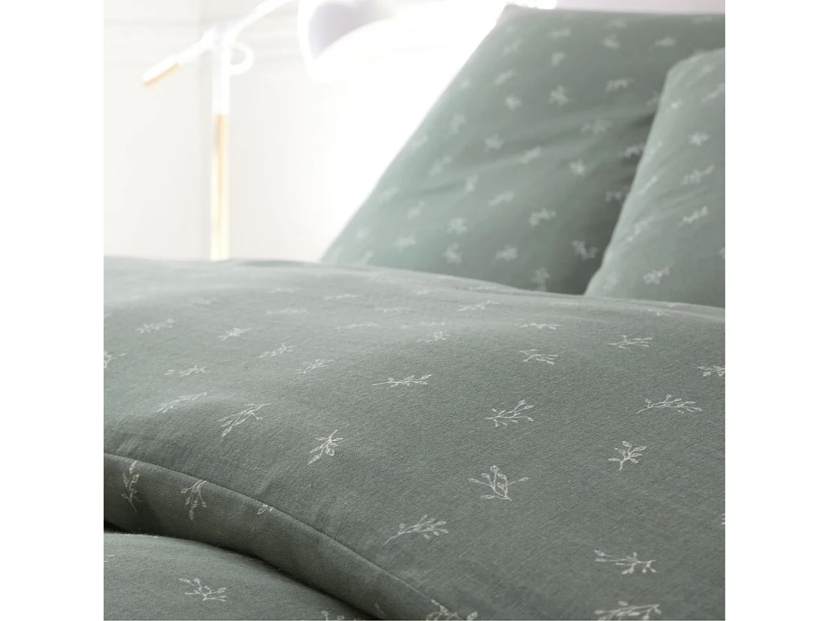 Parure housse de couette 260x240cm + 2 taies 100% gaze de coton vert de gris fleurie - GEODE