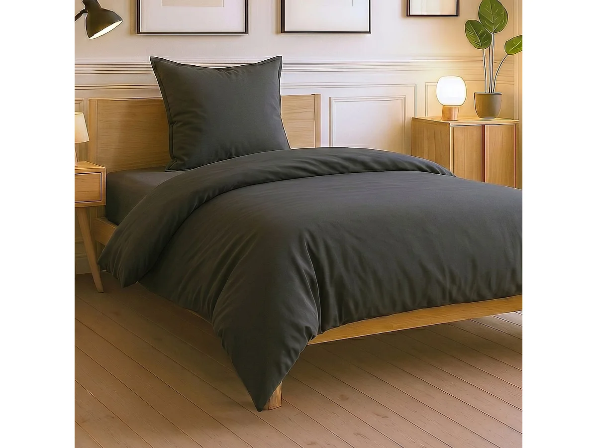 Parure housse de couette 140x200cm + 1 taies 100% coton gris foncé - VITALIA