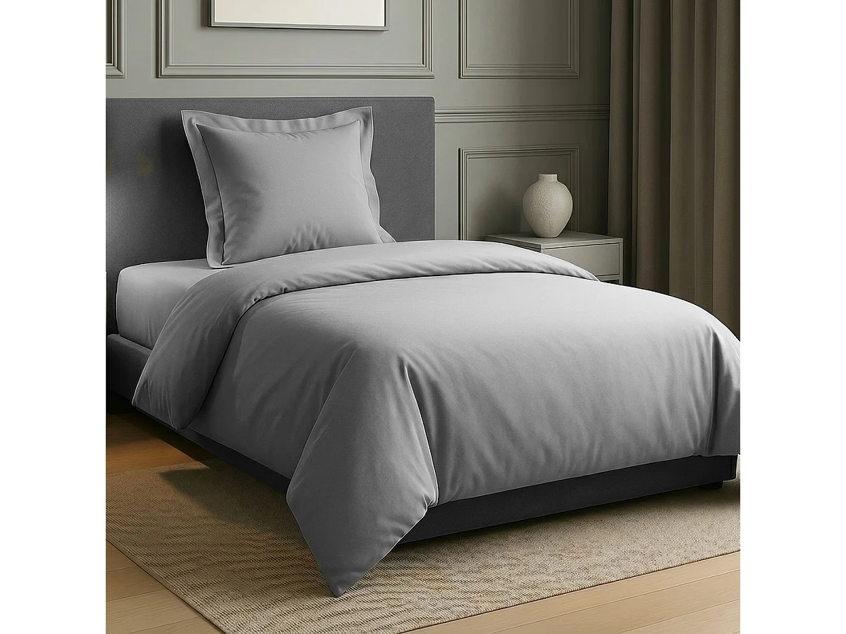 Parure housse de couette 140x200cm + 1 taies 100% coton gris silver - VITALIA