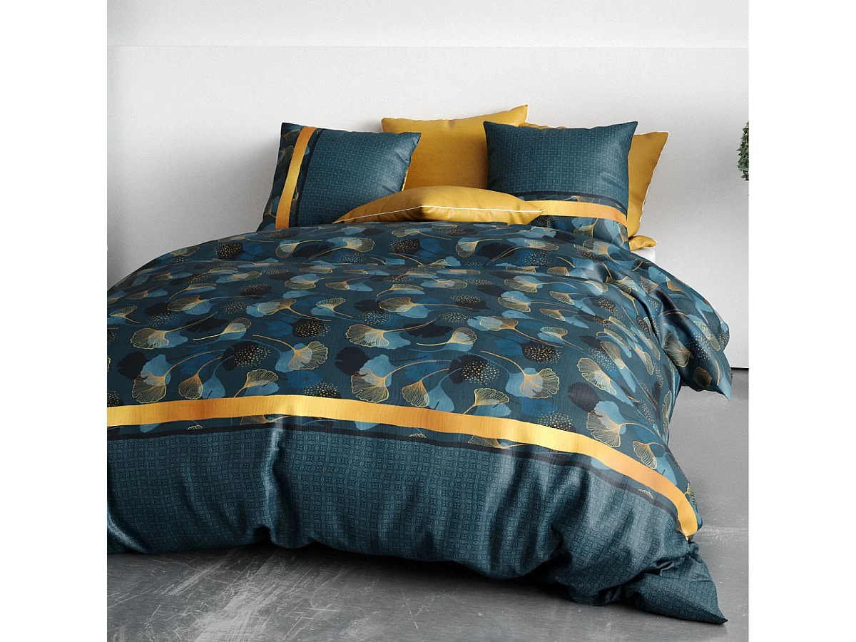 Parure housse de couette 240x220cm + 2 taies motif feuillage ginko bleu et jaune 100% coton - JAYAN