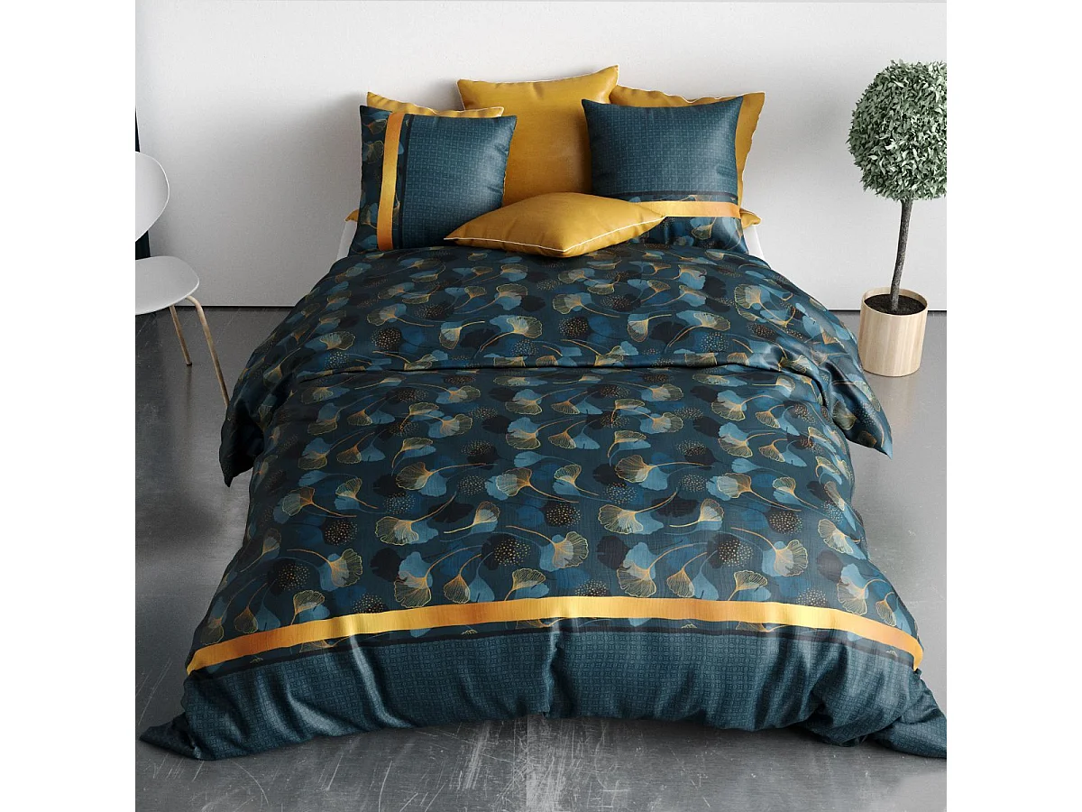 Parure housse de couette 240x220cm + 2 taies motif feuillage ginko bleu et jaune 100% coton - JAYAN