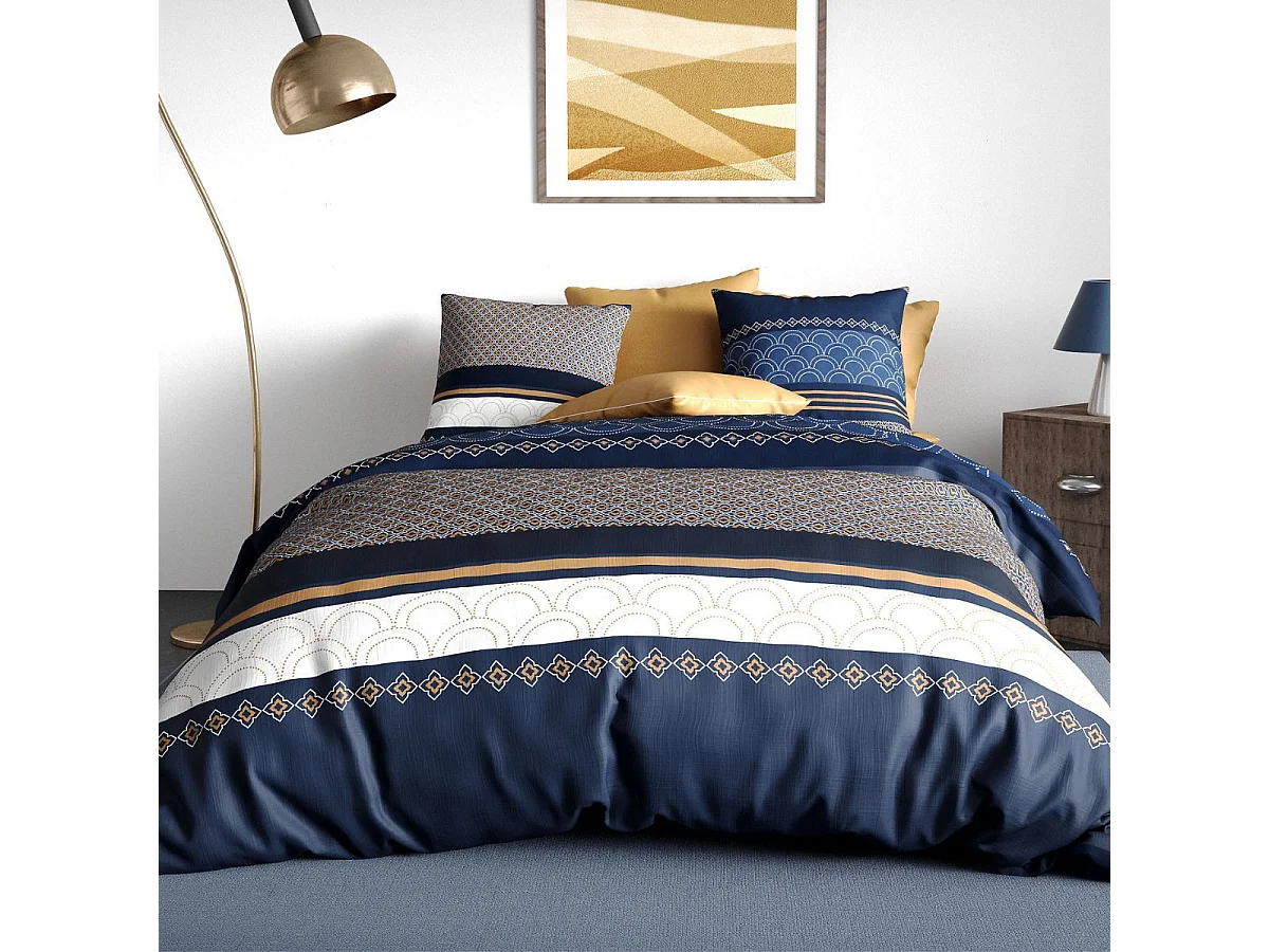 Parure housse de couette 240x220cm + 2 taies motif graphique bleu jaune et blanc 100% coton - OLYPSIA