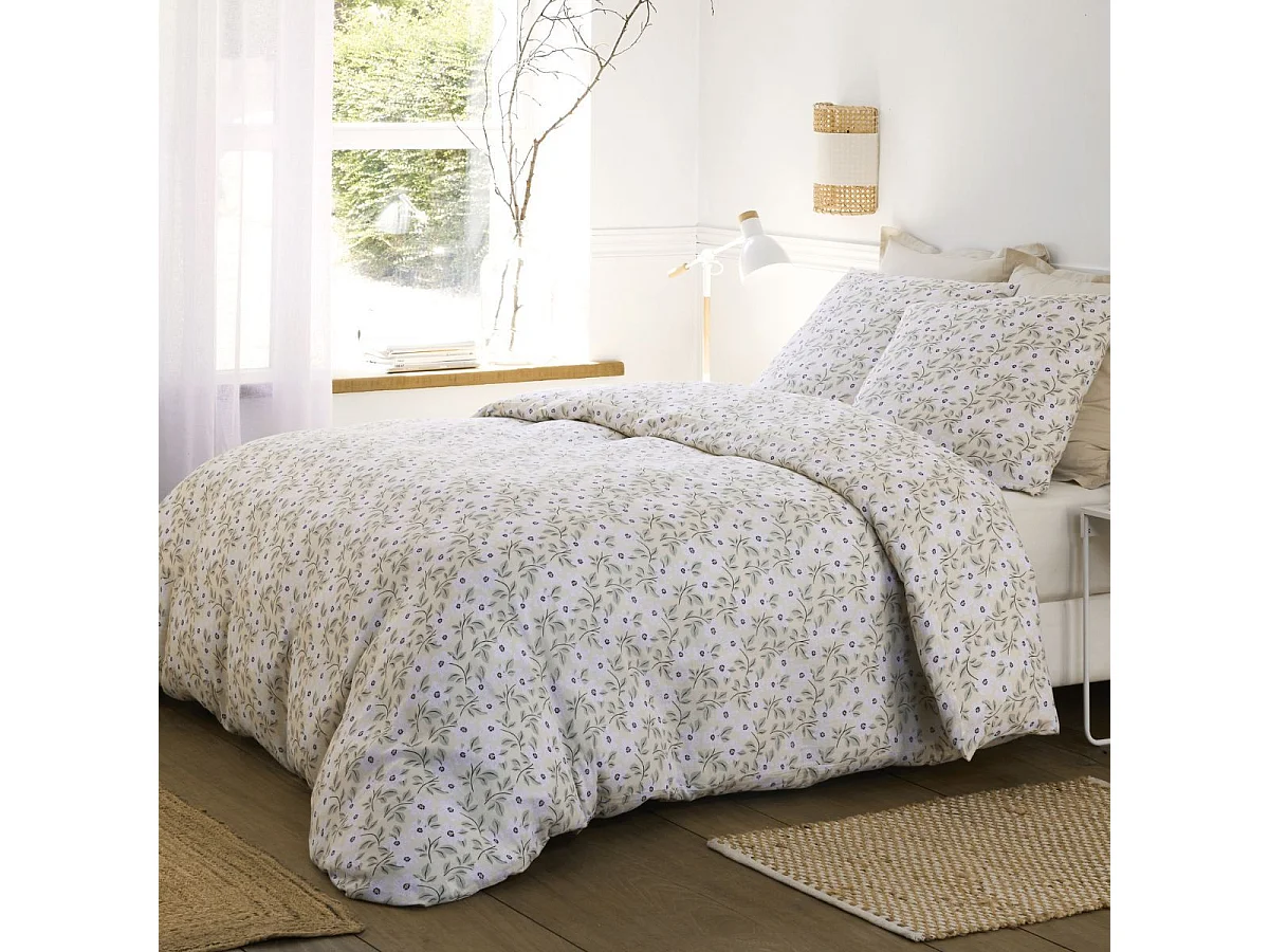 Parure housse de couette 260x240cm + 2 taies motif fleuri jaune clair 100% gaze de coton - GIANNI