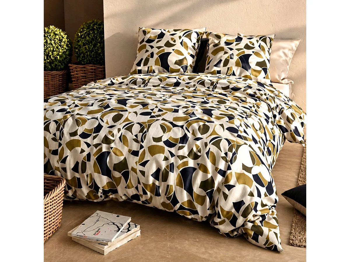 Parure housse de couette 260x240cm + 2 taies motif ethnique ecru et kaki 100% coton - LEEKYO