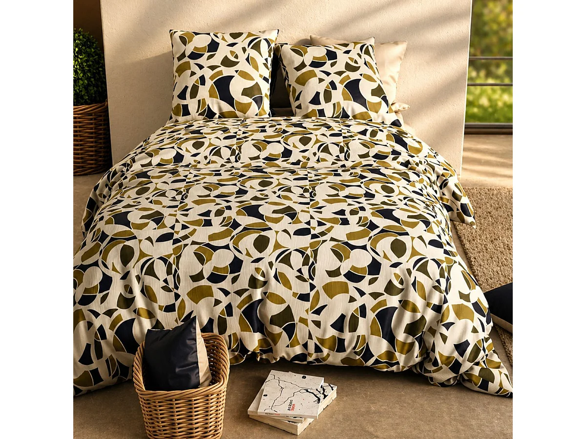 Parure housse de couette 260x240cm + 2 taies motif ethnique ecru et kaki 100% coton - LEEKYO