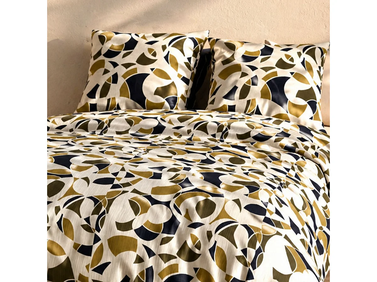 Parure housse de couette 260x240cm + 2 taies motif ethnique ecru et kaki 100% coton - LEEKYO