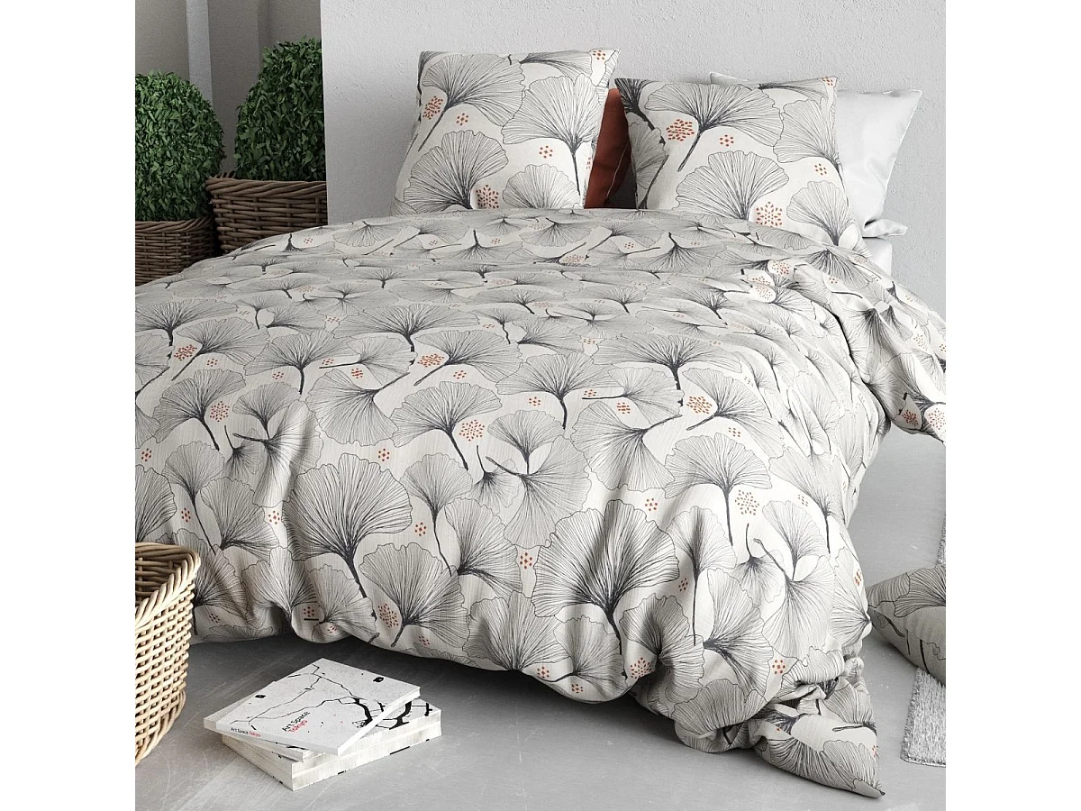 Parure housse de couette 240x220cm + 2 taies motif feuillage ginko gris 100% coton - FREZIA