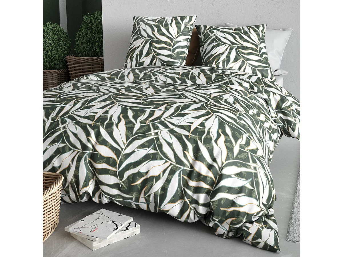 Parure housse de couette 240x220cm + 2 taies motif feuillage vert et blanc 100% coton - FILIBERTE