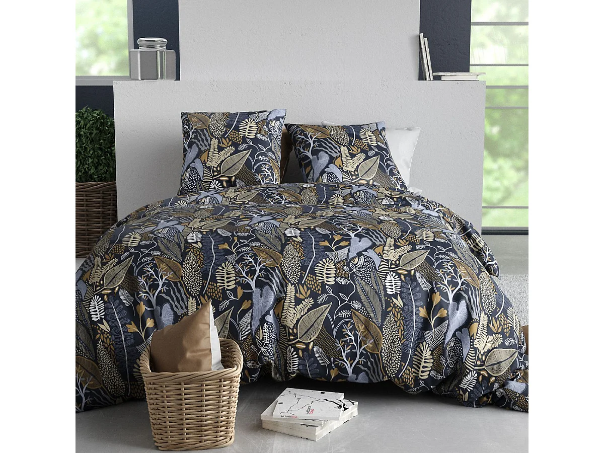 Parure housse de couette 240x220cm + 2 taies motif feuillage bleu et beige 100% coton - MAELIA