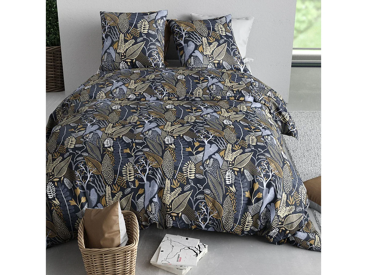 Parure housse de couette 240x220cm + 2 taies motif feuillage bleu et beige 100% coton - MAELIA