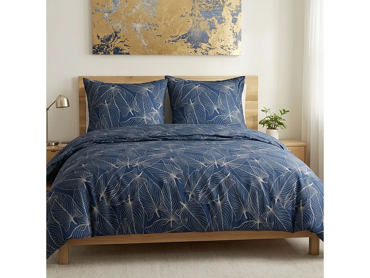 Parure housse de couette 260x240cm + 2 taies motif feuilles bleu et beige 100% coton - MELDA