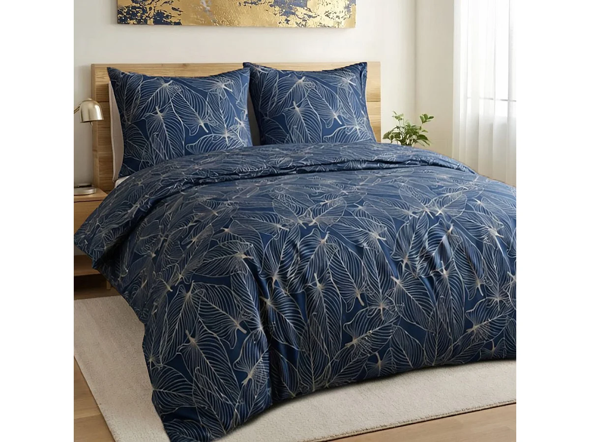 Parure housse de couette 260x240cm + 2 taies motif feuilles bleu et beige 100% coton - MELDA