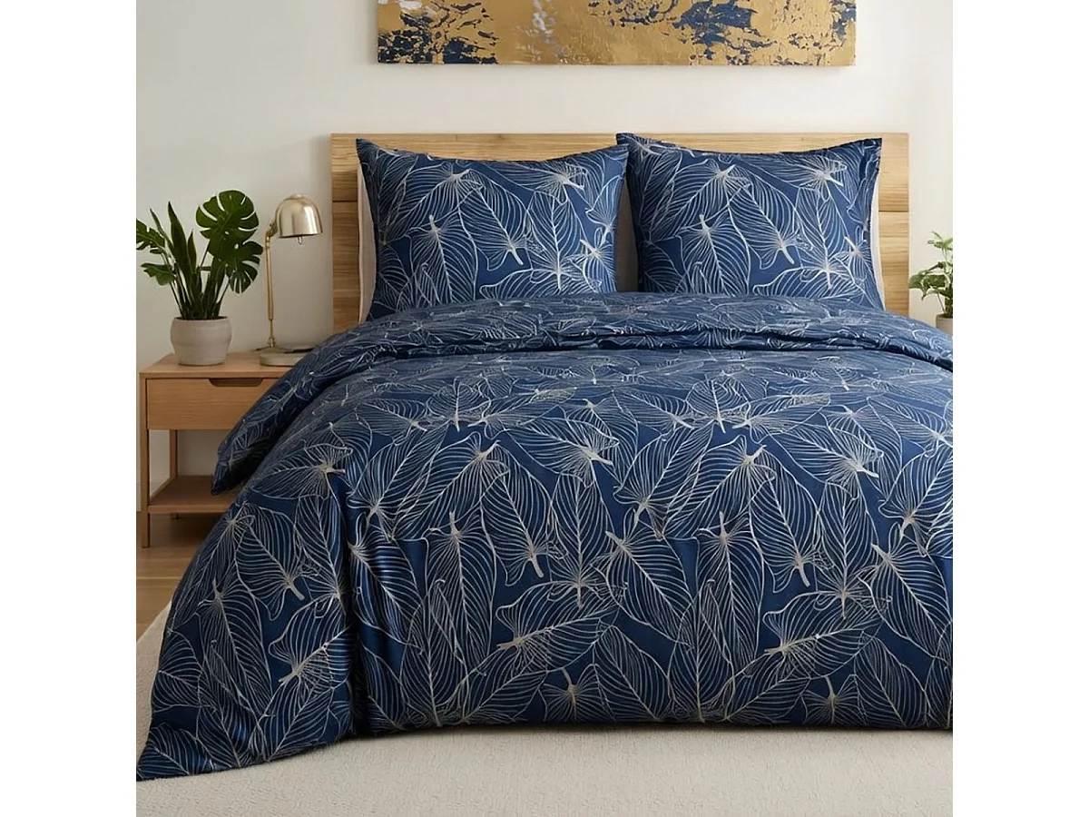 Parure housse de couette 260x240cm + 2 taies motif feuilles bleu et beige 100% coton - MELDA