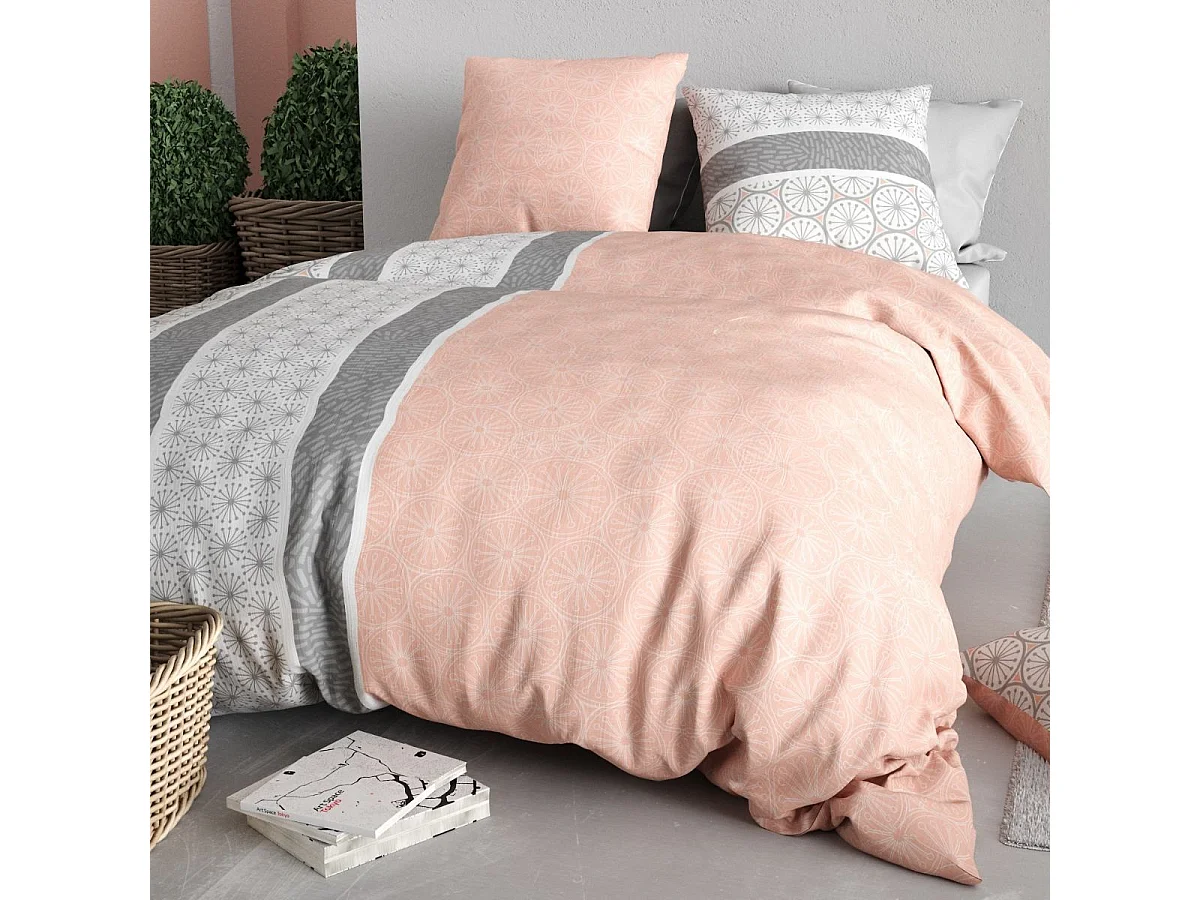 Parure housse de couette 260x240cm + 2 taies motif graphique rose et gris 100% coton - CLEOPHÉE