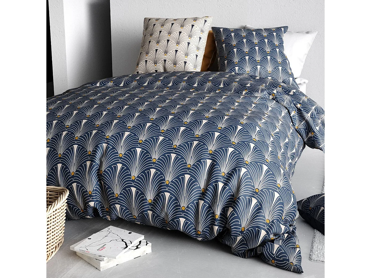 Parure housse de couette 240x220cm + 2 taies motif art-déco bleu et beige 100% coton - RAYEN