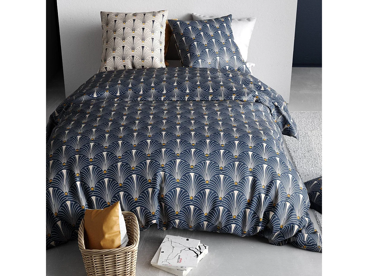 Parure housse de couette 240x220cm + 2 taies motif art-déco bleu et beige 100% coton - RAYEN