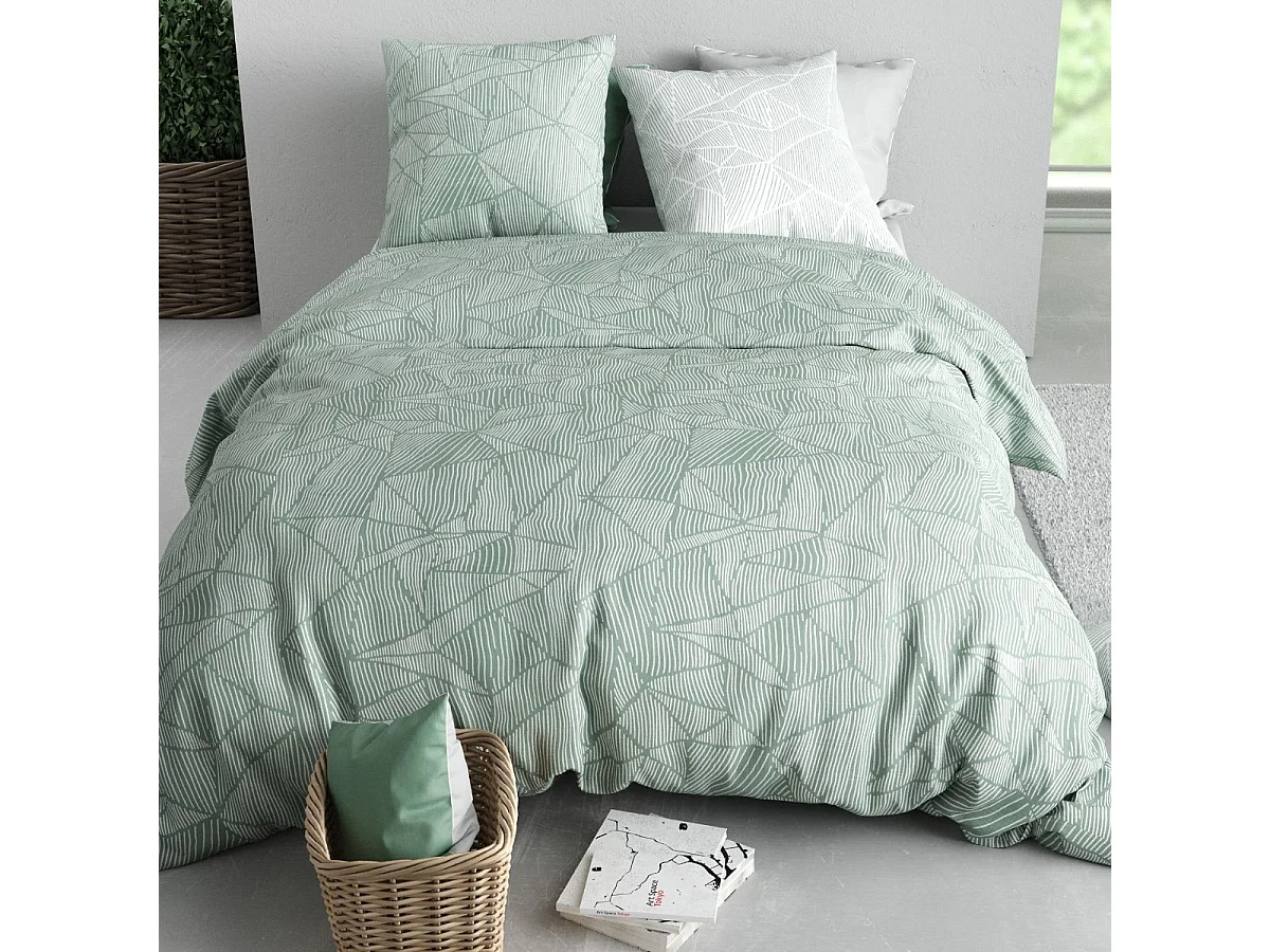 Parure housse de couette 240x220cm + 2 taies motif floral vert et blanc 100% coton - DALEY