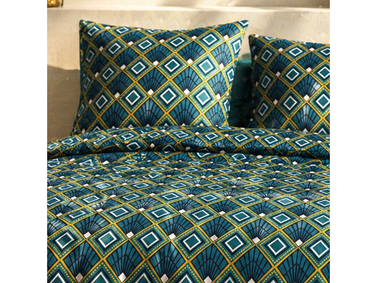 Parure housse de couette 240x220cm + 2 taies motif art-déco bleu et jaune 100% coton - LIRIKA
