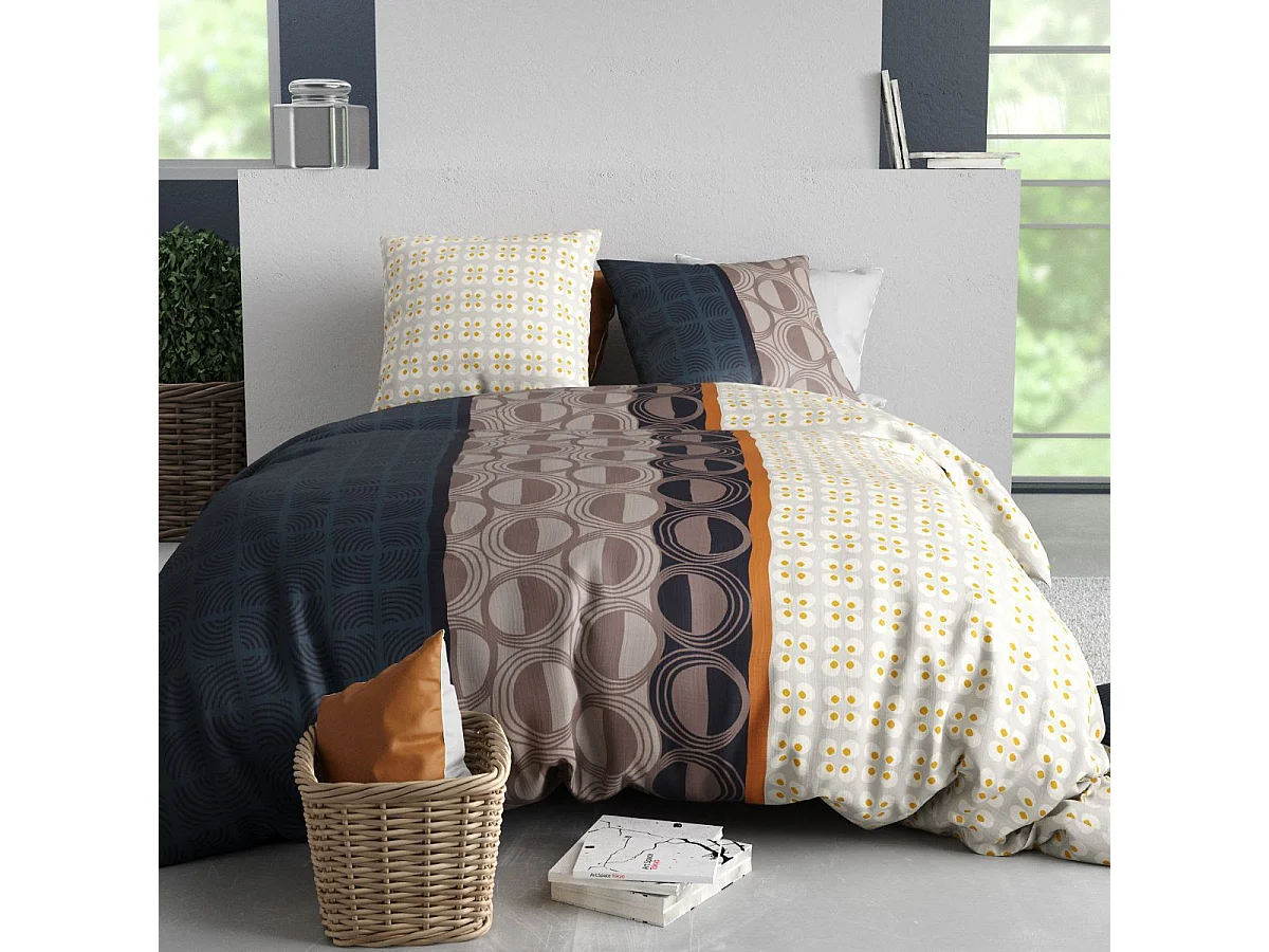Parure housse de couette 260x240cm + 2 taies motif graphique multicolore 100% coton - ORESTE