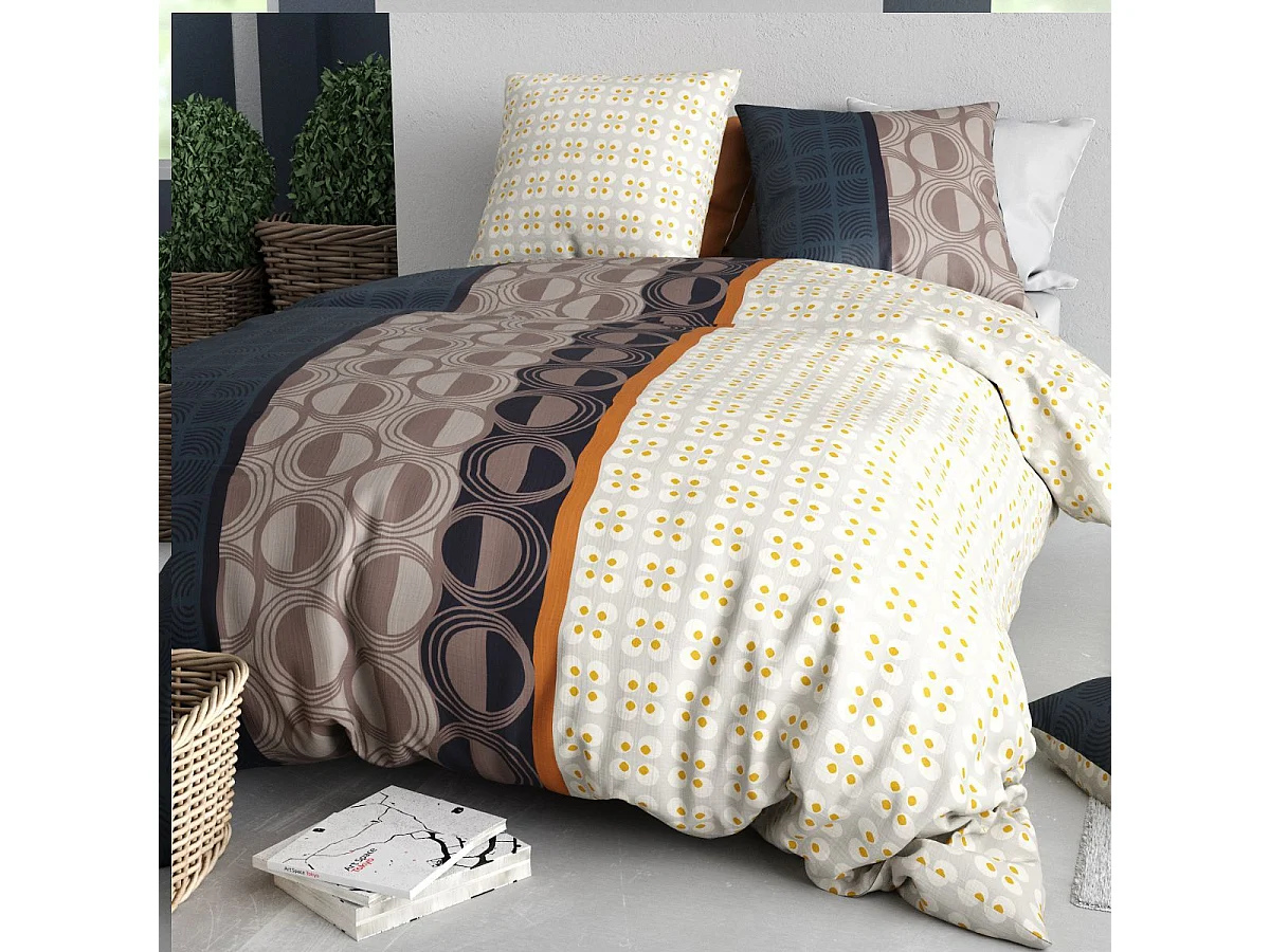 Parure housse de couette 260x240cm + 2 taies motif graphique multicolore 100% coton - ORESTE