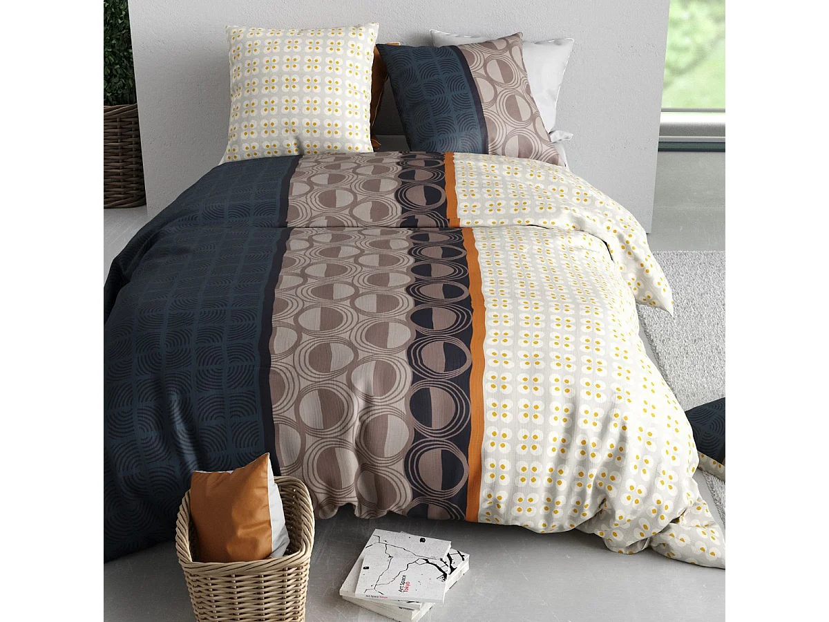 Parure housse de couette 260x240cm + 2 taies motif graphique multicolore 100% coton - ORESTE