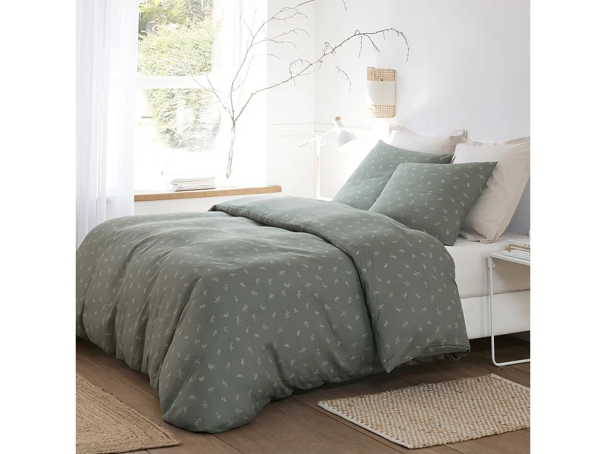 Parure housse de couette 240x220cm + 2 taies 100% gaze de coton vert de gris fleurie - GEODE