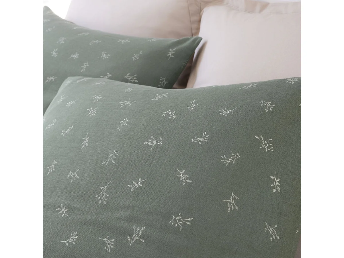 Parure housse de couette 240x220cm + 2 taies 100% gaze de coton vert de gris fleurie - GEODE