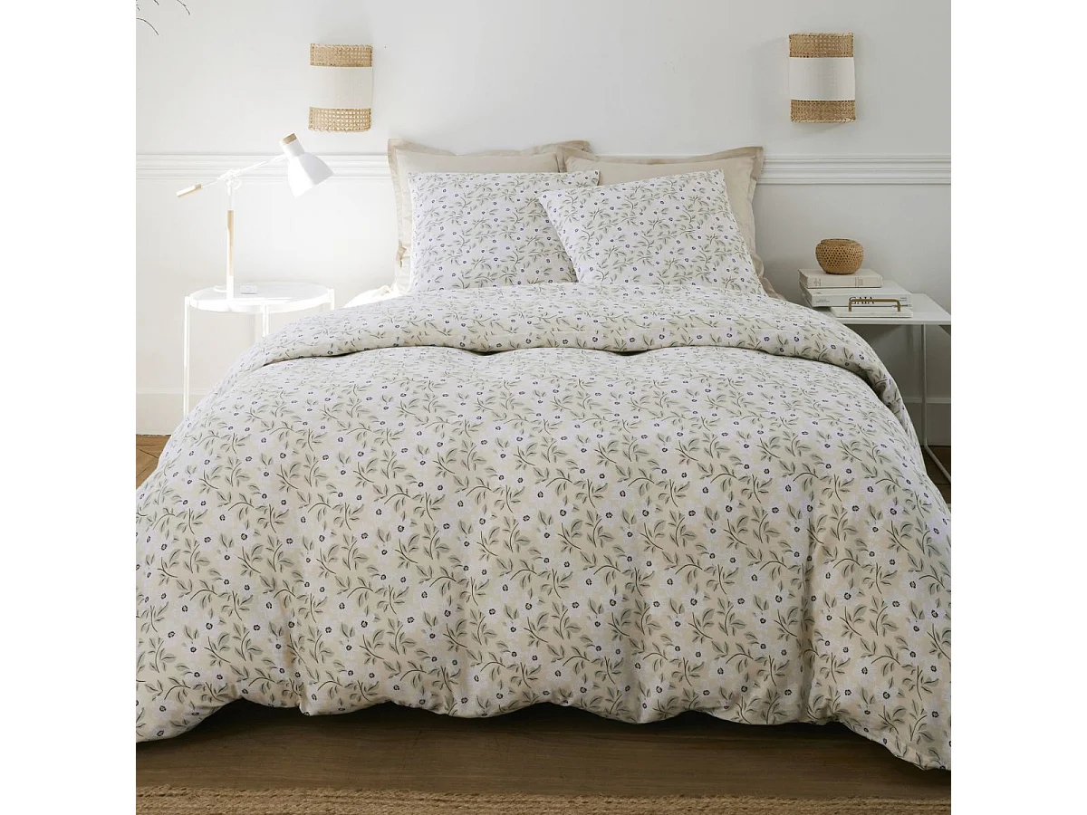 Parure housse de couette 240x220cm + 2 taies motif fleuri jaune clair 100% gaze de coton - GIANNI