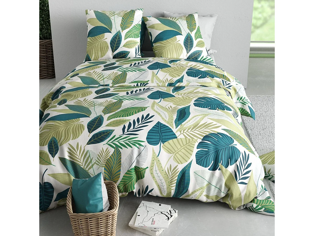 Parure housse de couette 240x220cm + 2 taies motif tropical vert et blanc 100% coton - PIKILIA