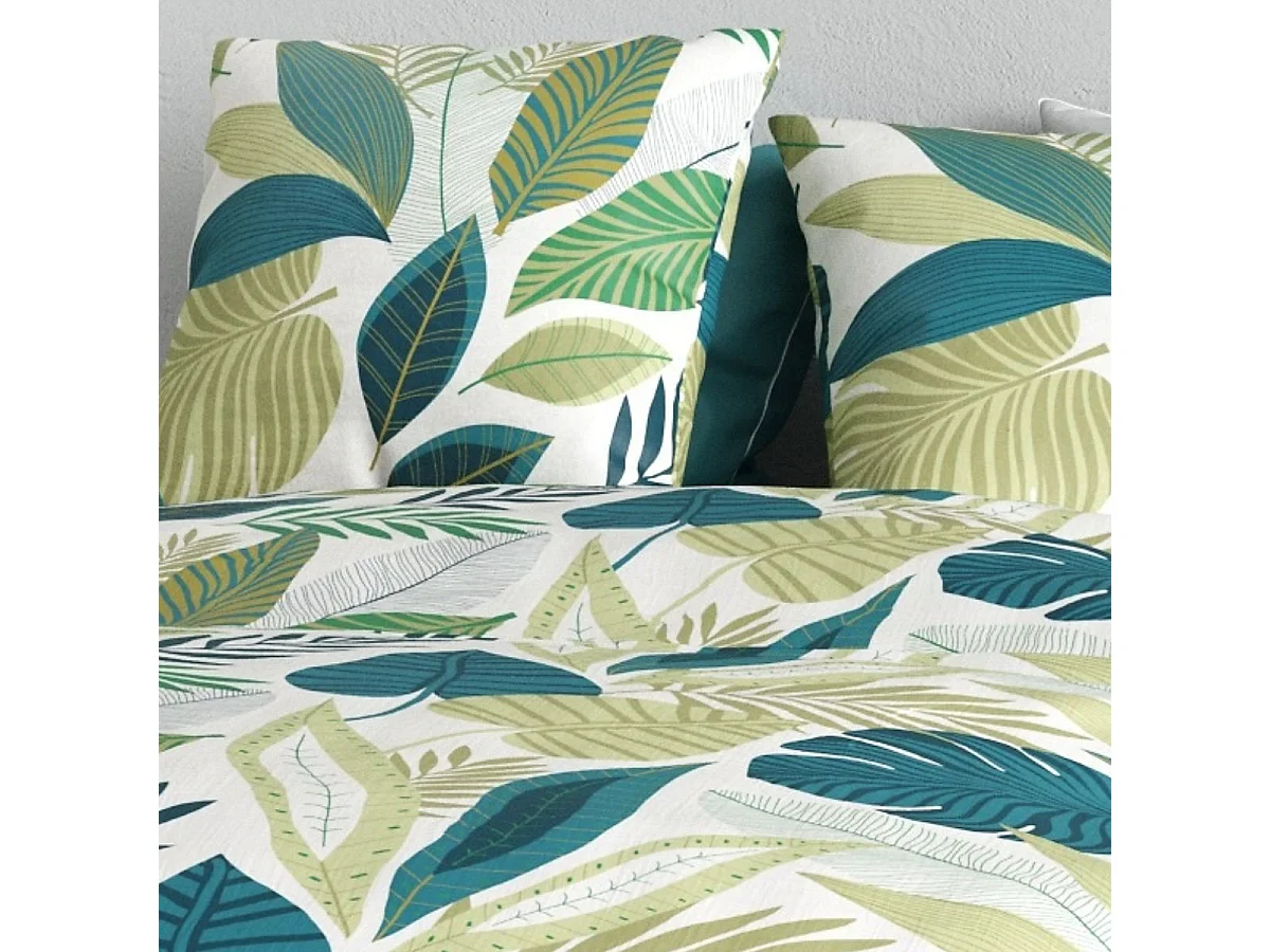 Parure housse de couette 240x220cm + 2 taies motif tropical vert et blanc 100% coton - PIKILIA