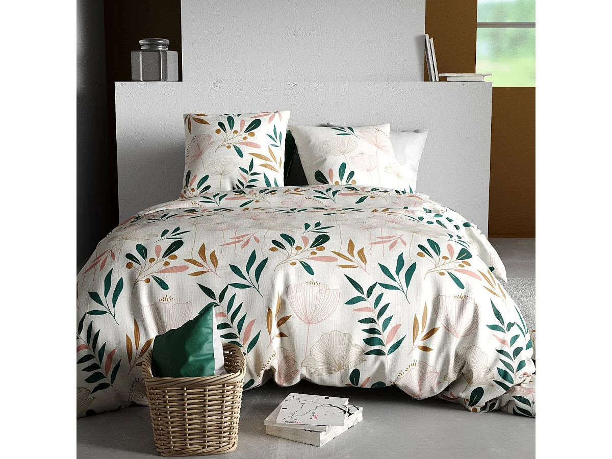 Parure housse de couette 260x240cm + 2 taies motif fleurs blanc rose et vert 100% coton - SILOE
