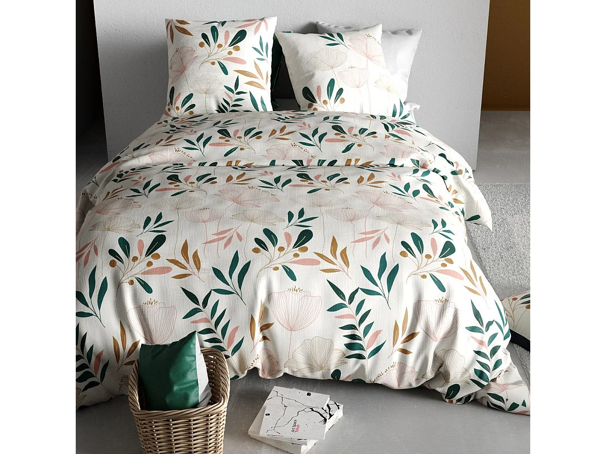 Parure housse de couette 260x240cm + 2 taies motif fleurs blanc rose et vert 100% coton - SILOE