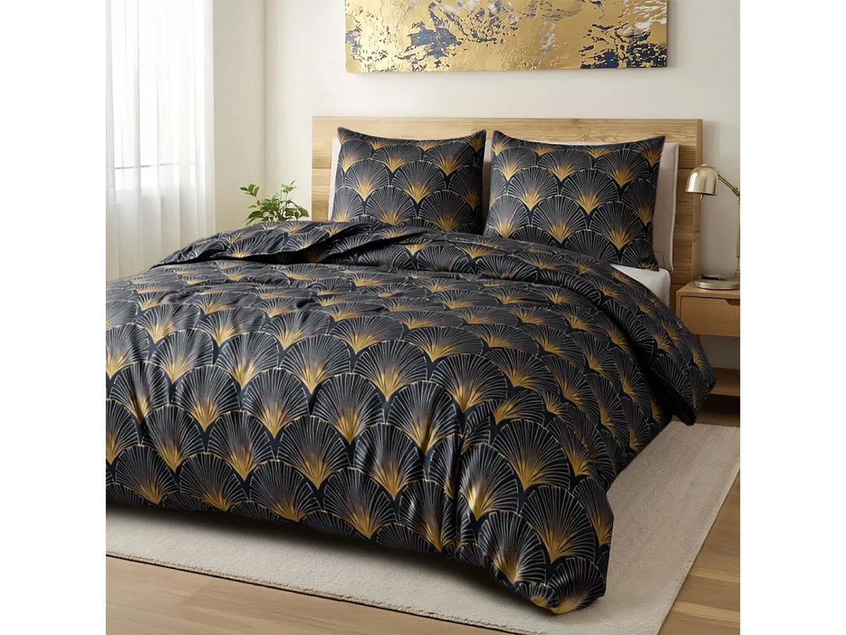 Parure housse de couette 240x220cm + 2 taies motif rétro bleu nuit et jaune 100% microfibre - BARITON