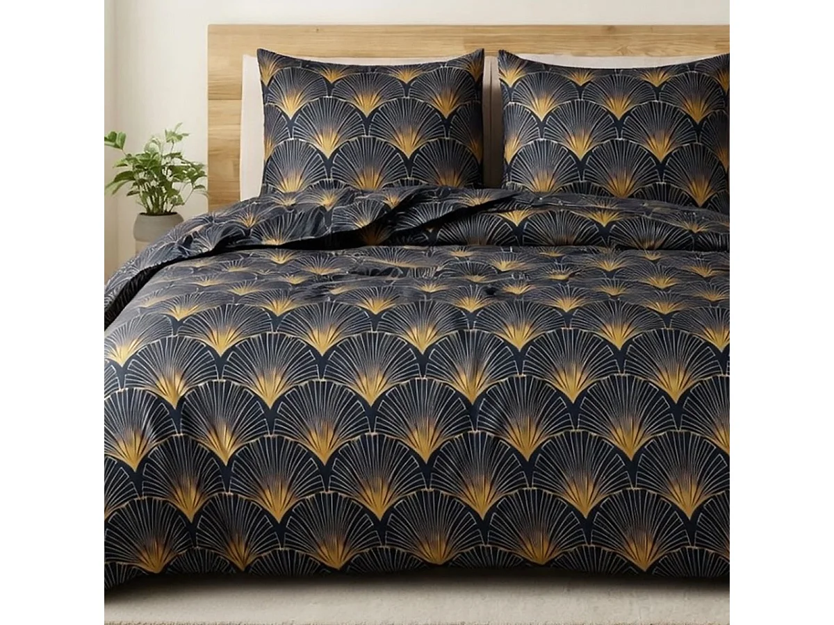Parure housse de couette 240x220cm + 2 taies motif rétro bleu nuit et jaune 100% microfibre - BARITON