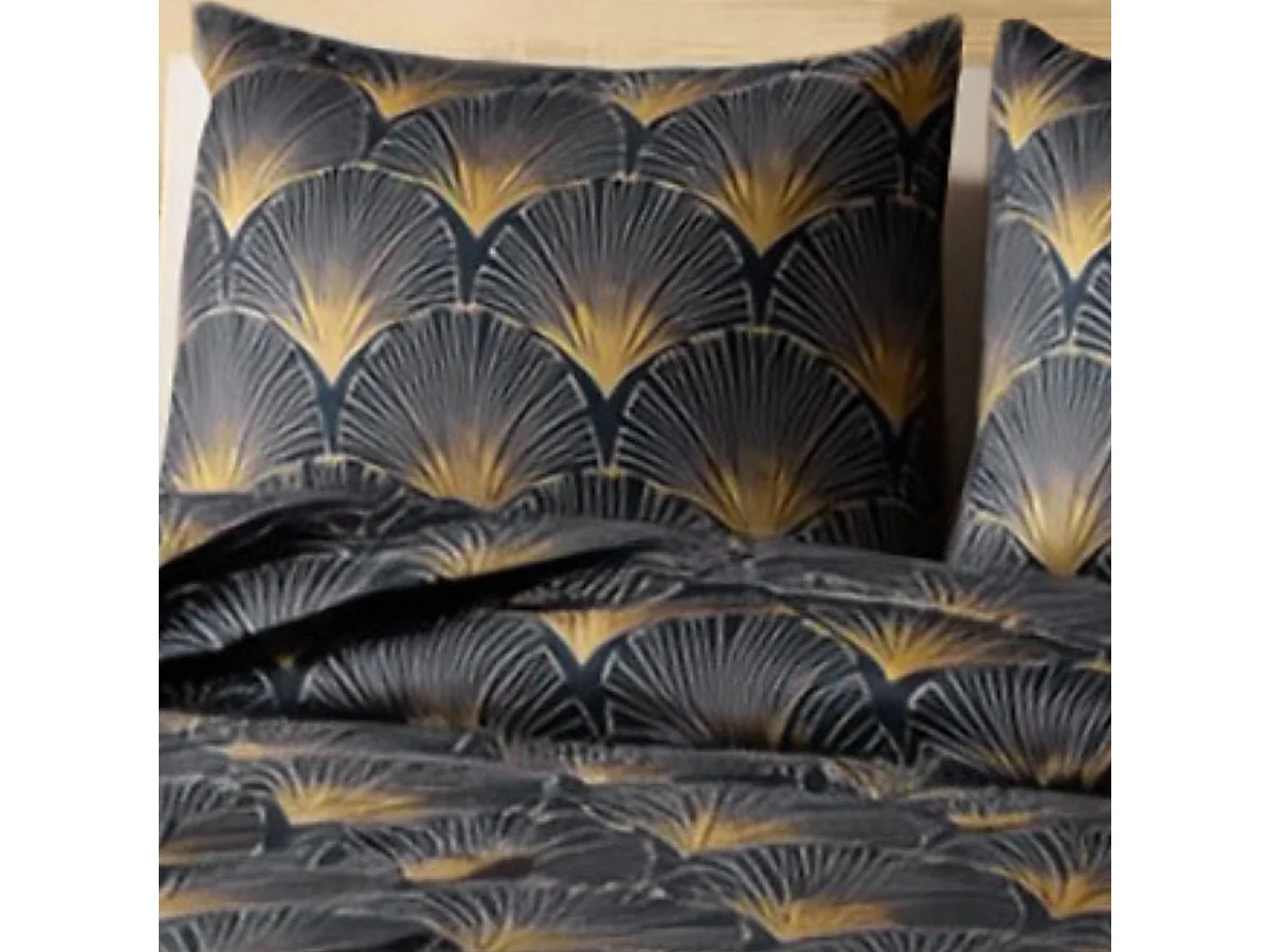 Parure housse de couette 240x220cm + 2 taies motif rétro bleu nuit et jaune 100% microfibre - BARITON