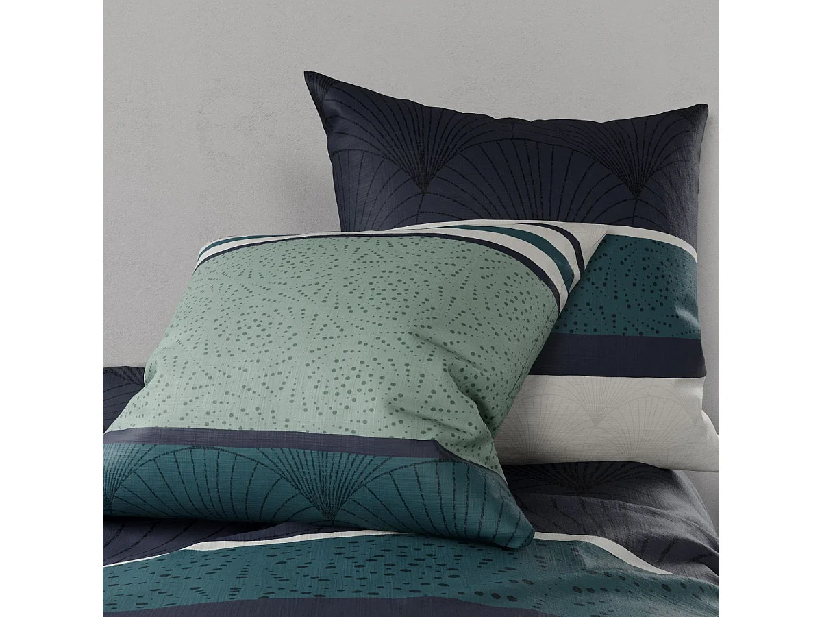 Parure housse de couette 240x220cm + 2 taies motif graphique vert et bleu 100% coton - TIKIAN