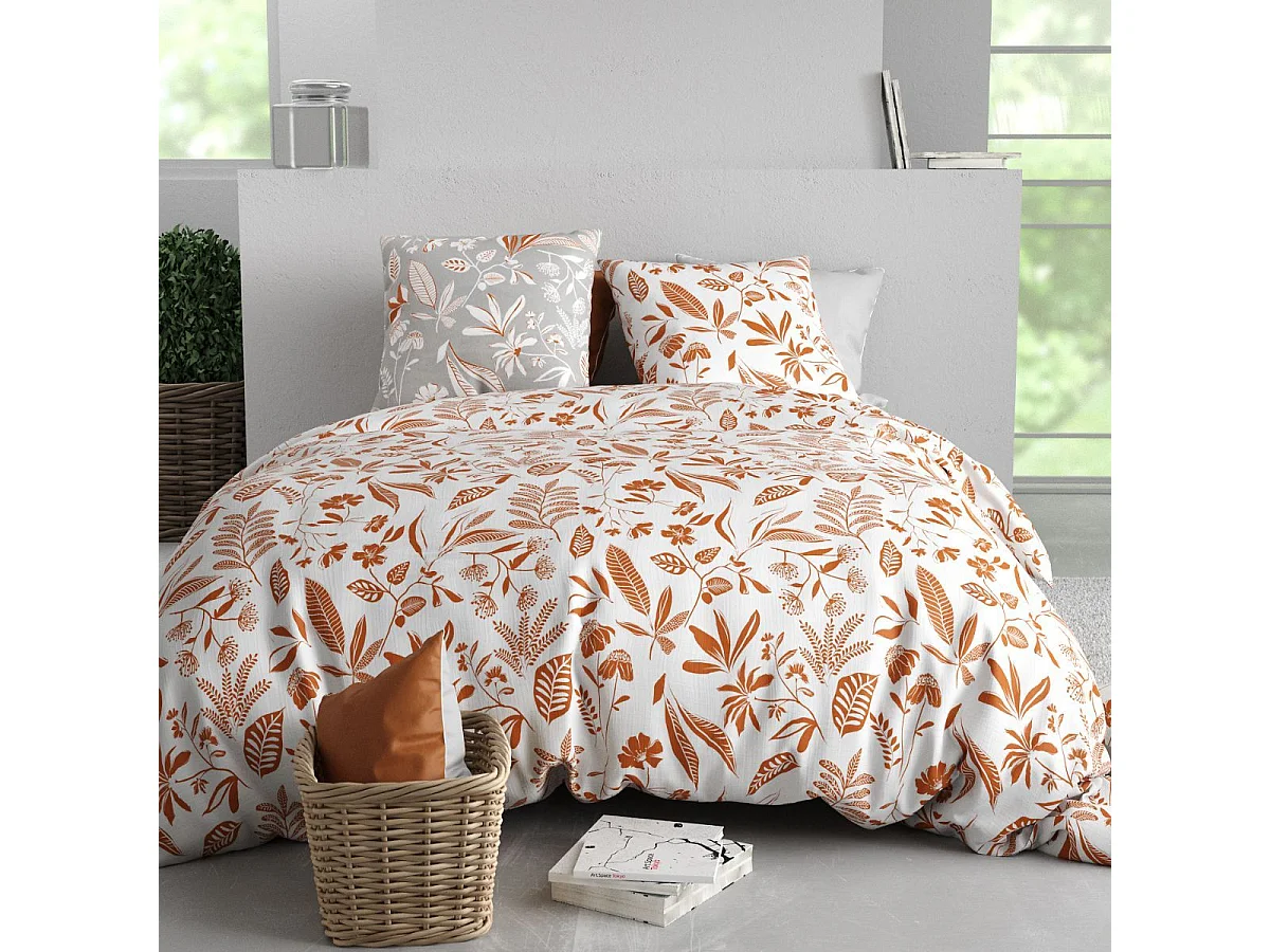 Parure housse de couette 260x240cm + 2 taies motif feuillage blanc et orange 100% coton - AHYLIA