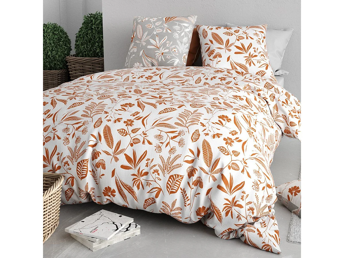 Parure housse de couette 260x240cm + 2 taies motif feuillage blanc et orange 100% coton - AHYLIA